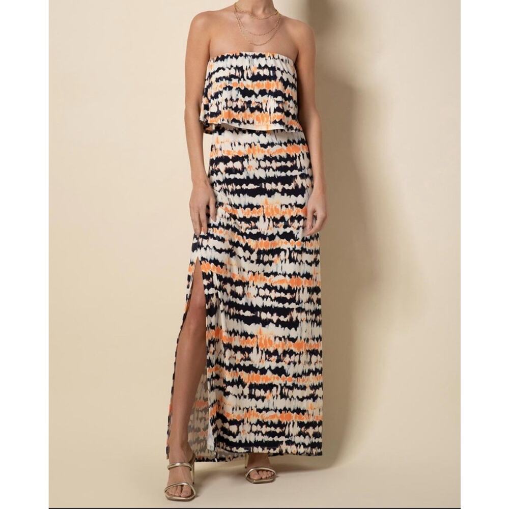 Tart Womens Cotton Boho‎ Flowy Pullover Strapless Long Maxi Dress Tie Dye Sz L